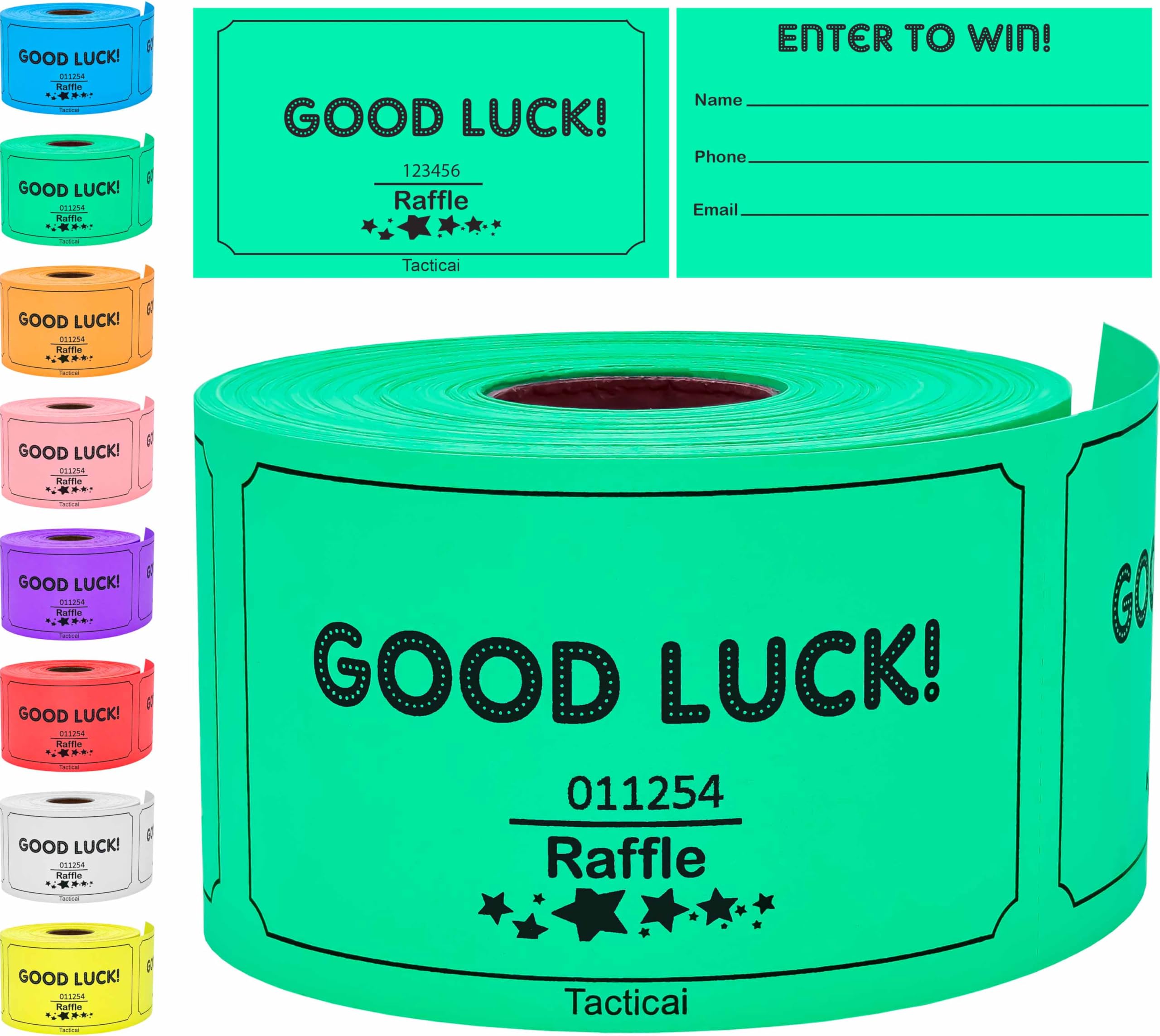 Tacticai 250 Raffle Tickets, Green (1 of 8 Colors), Raffle Cards, Entry Form with Name, Phone & Email for Events, Fundraiser & Prizes