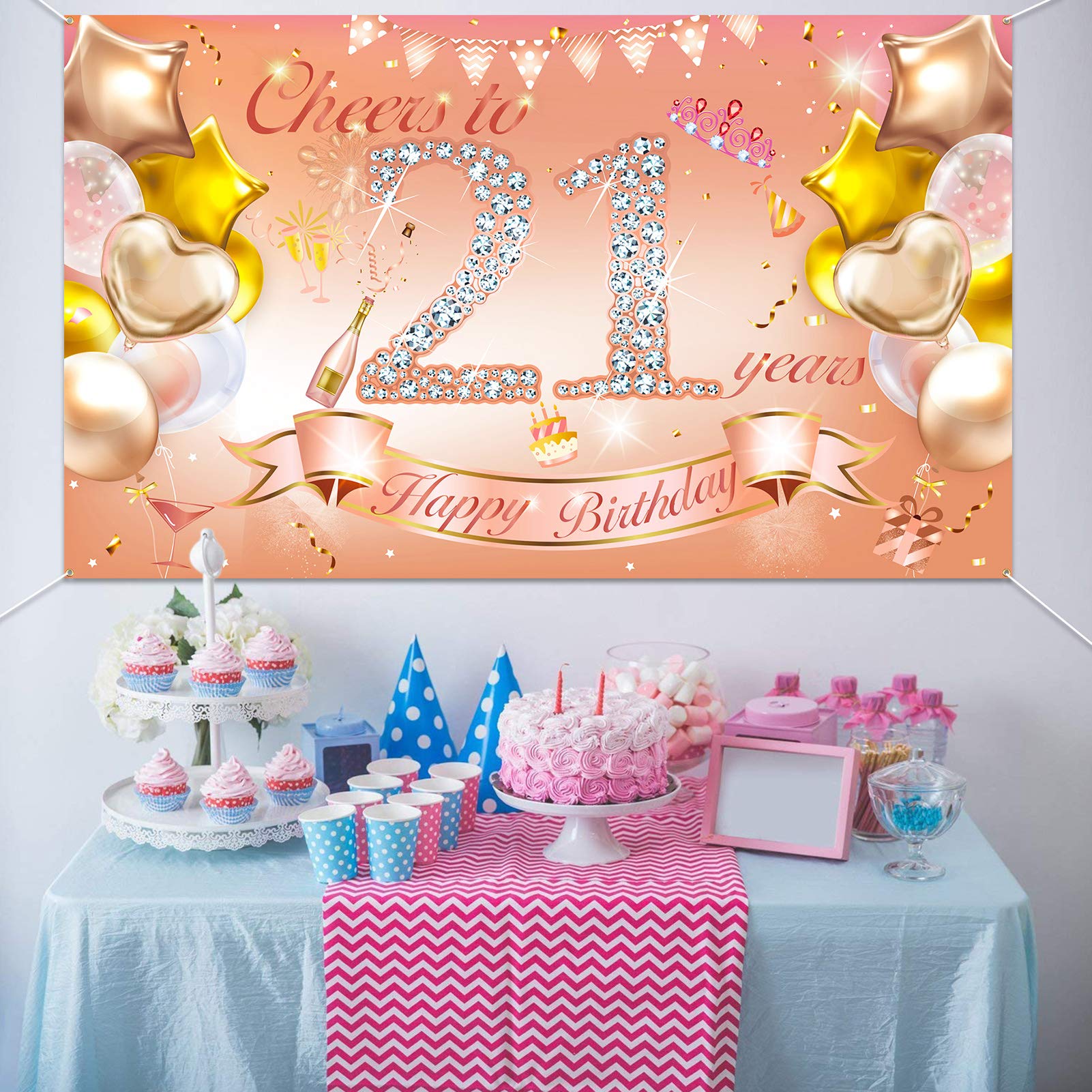 21 Anni Compleanno Festa Decorazioni Oro Rosa, 21 Striscione di Compleanno, 21 Anni di Buon Compleanno Decorazione di Festa per Donne, Sfondo Fotografico di Tessuto 21 Feste di Compleanno