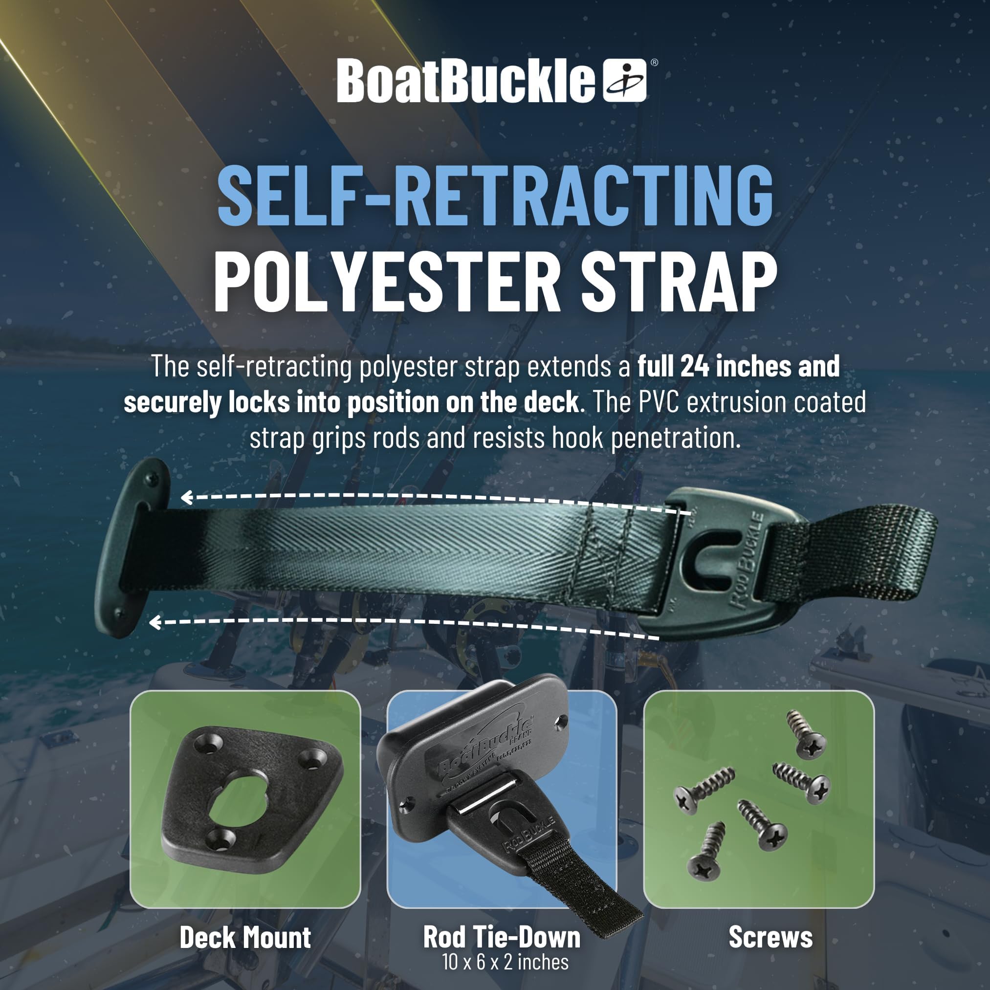 BoatBuckle F14200 Gunwale/Cubierta de Montaje retráctil Rod Tie Down