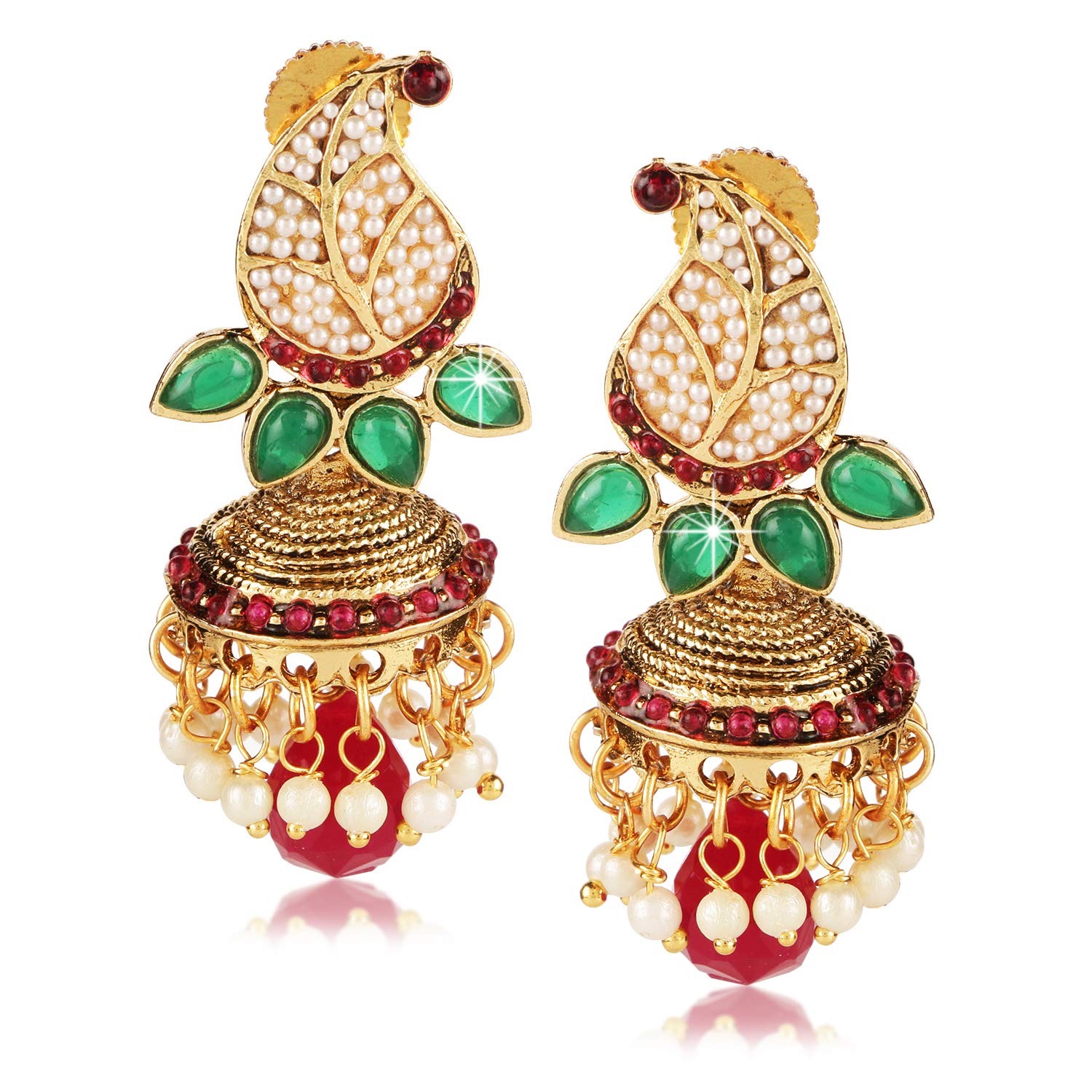 Yellow Chimes Stylish Moti Leaf Red Stone Traditional Pearl Earrings for Women and Girls (B07MJ99DZ4) Amazon Price History, Amazon Price Tracker
