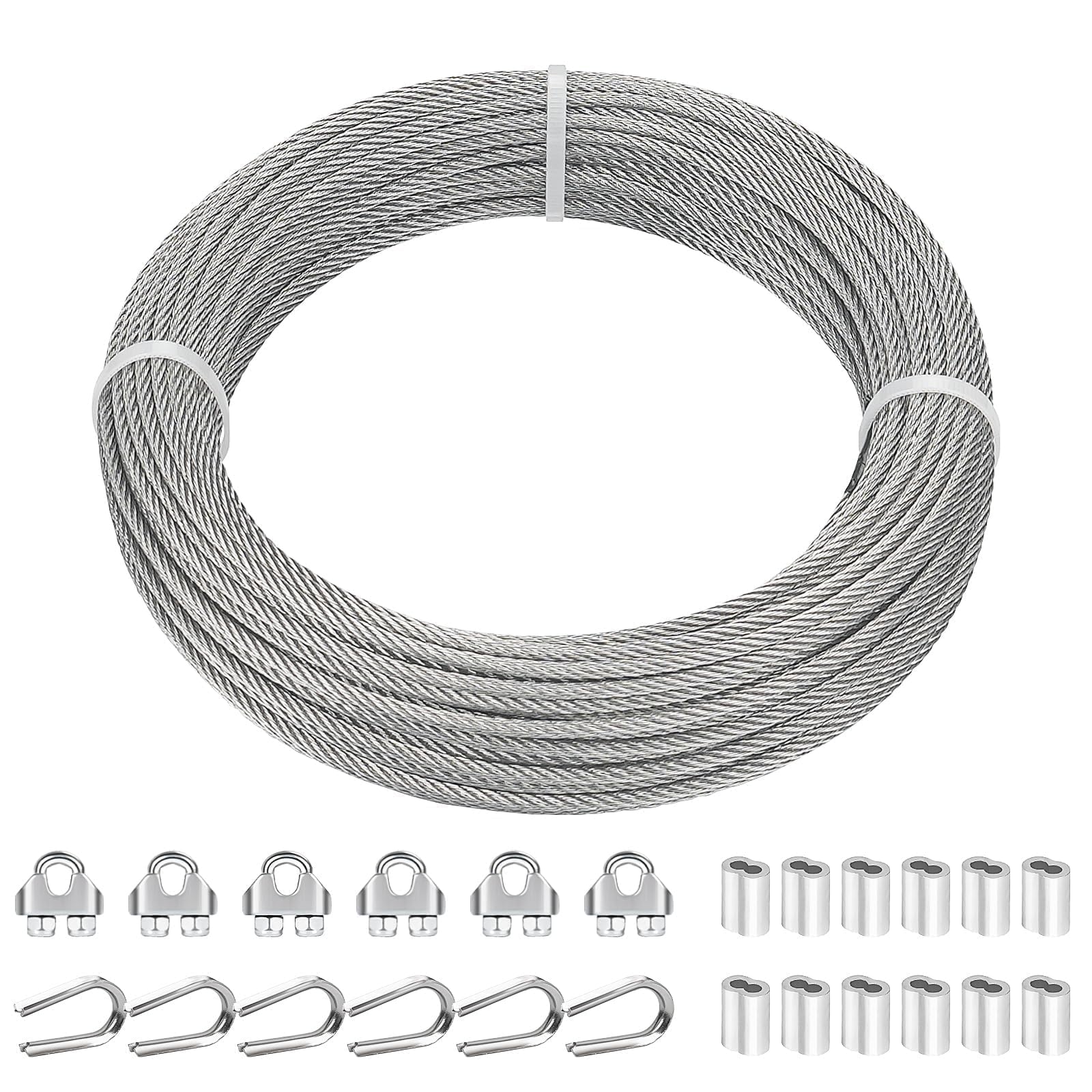 TooTaci 3mm Drahtseil Edelstahl, 30M/3mm Stahlseil mit ösen, 12 Stück M3 Crimphülsen & 6 Stück M3 Seilklemme, 6 Stück Kauschen, 7×7 Edelstahlseil Spanndraht für Zaun, Gardinenseil, DIY Hängen