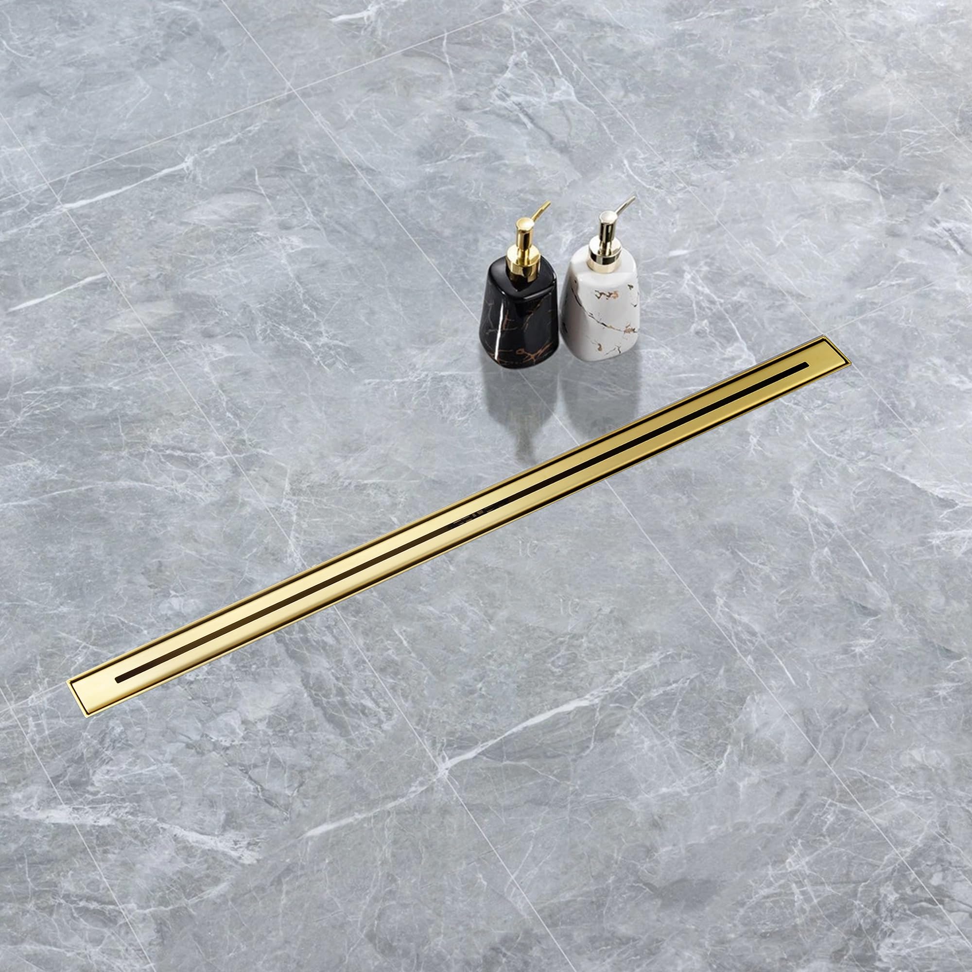 muschbath 24 Inch Ultra Narrow Linear Shower Drain, Brushed Gold Extra Slim Shower Drain, 304 Stainless Steel, Easy to Install And Clean for Bathrooms (Drain Base Not Included), LSDE8-31A-24G