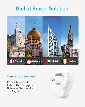 Anker Travel Adapter, Type G Adapter for Travel, US to UK Plug Adapter International Travel Essentials, 2 AC, 1 USB A, 2 USB C for 15W, Compact for iPhone, iPad, England, Ireland, TUV Listed