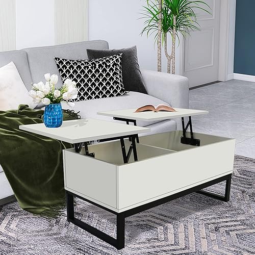 ClassHouze Mesas de centro para sala de estar mesa de centro con parte superior elevadora moderna mesa de centro rectangular de madera blanca con