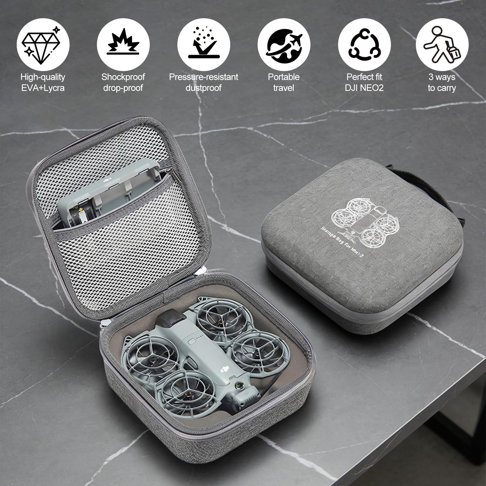 Funda Dura Portátil Para DJI Neo 2 – Estuche De Almacenamiento Con Mosquetón – Ligero, Compacto Y Resistente A Golpes – Gris
