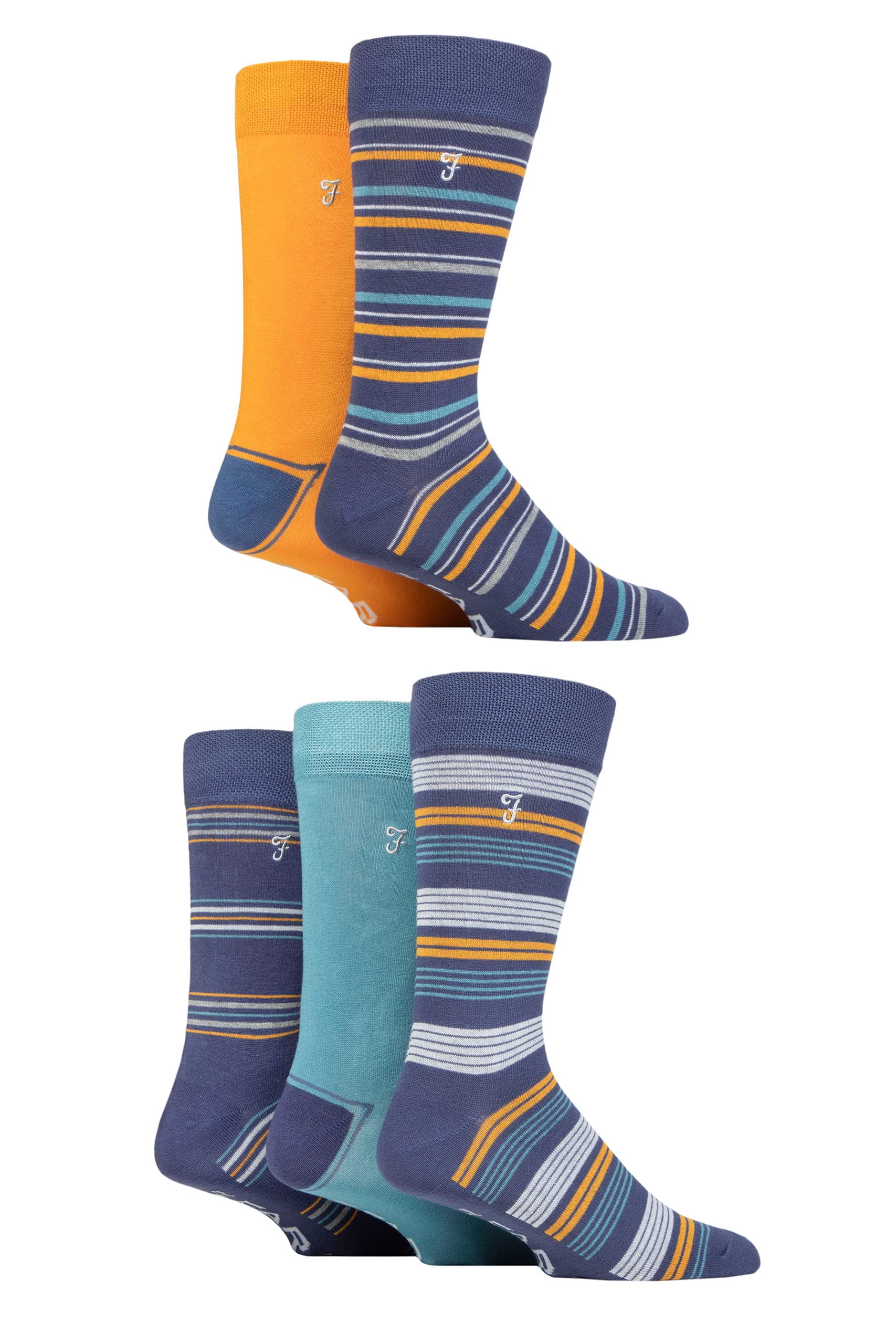 Farah Mens Bamboo Socks Plain and Patterned Striped Argyle Spotty Designs, Bright Colourful, Gift for Him, 5 Pairs - Stripe Navy/Blue 6-11