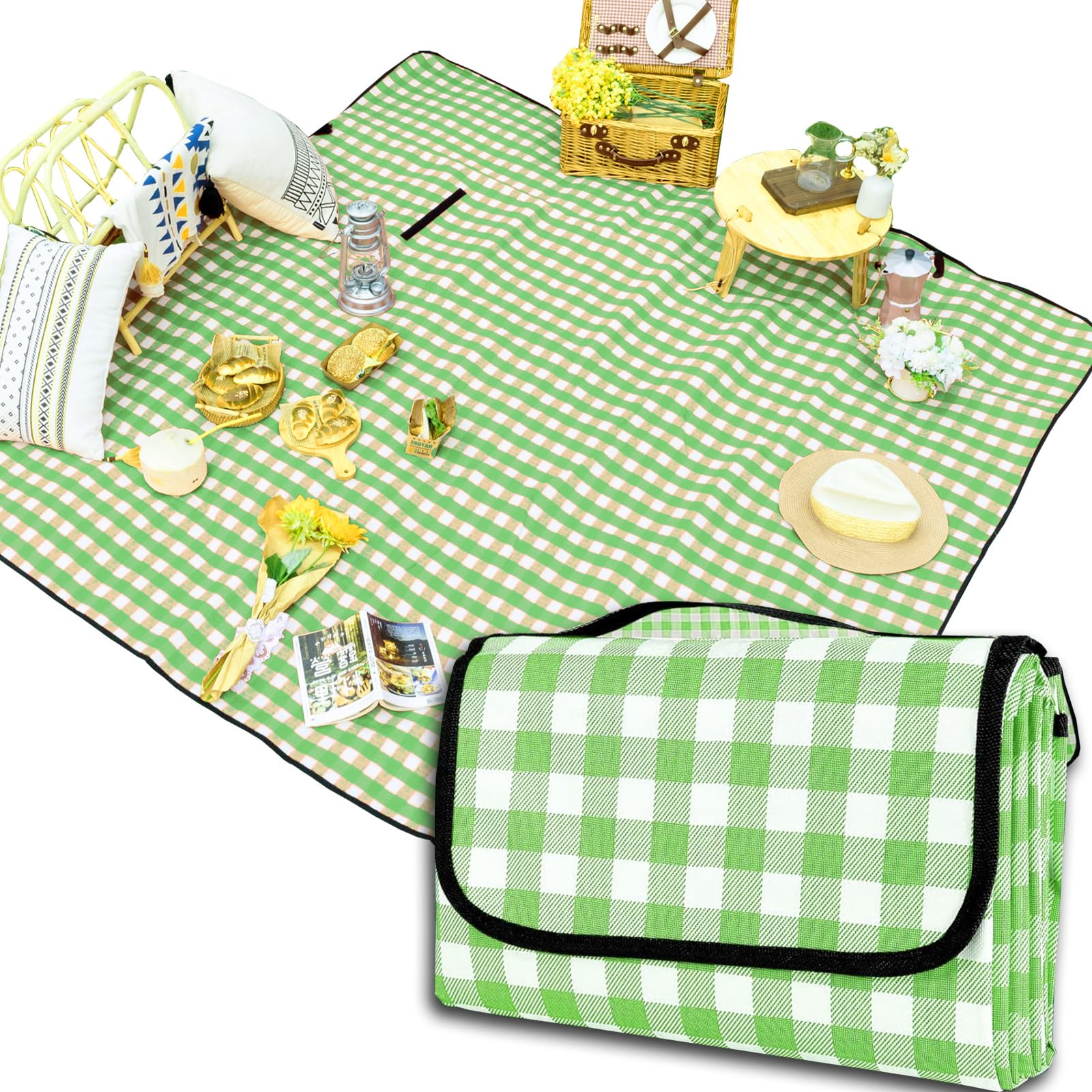 HAORQEE Large Waterproof Picnic Blanket 200x200cm, Outdoor Mat with Handle