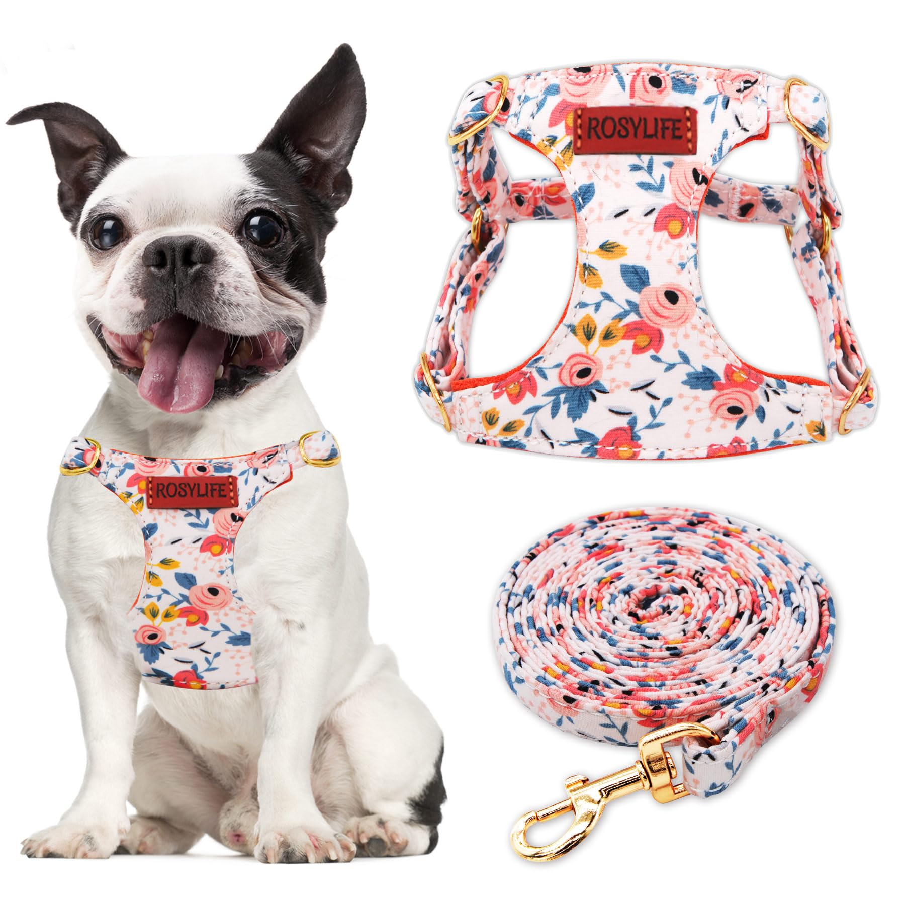 No Pull Dog Harness Adjustable Small and Leash Set, Lightweight and Soft Dog Harness No Choke Escape Proof Pet Harness Vest (Orange Rose, Medium)