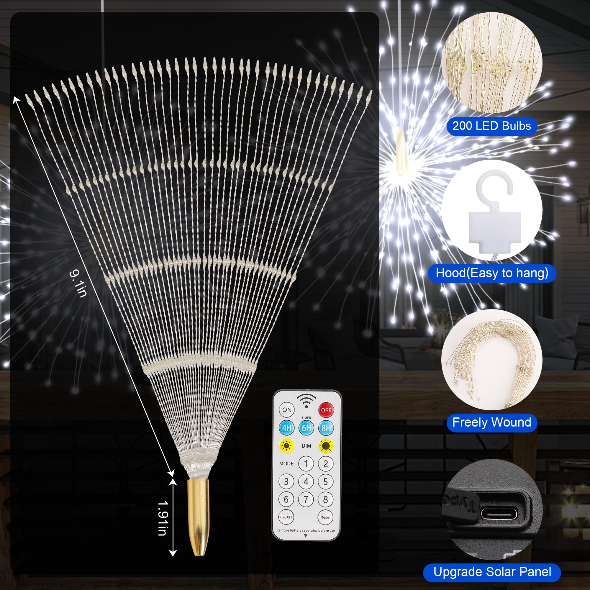 Solar-Feuerwerk-Lichter für den Außenbereich, 5 Stück, 1000 LEDs, Solar-Starburst-Lichter mit Fernbedienung, 8 Modi, dimmbar, wasserdicht, hängende Lichterkette für Garten, Terrasse, Urlaubsdekoration