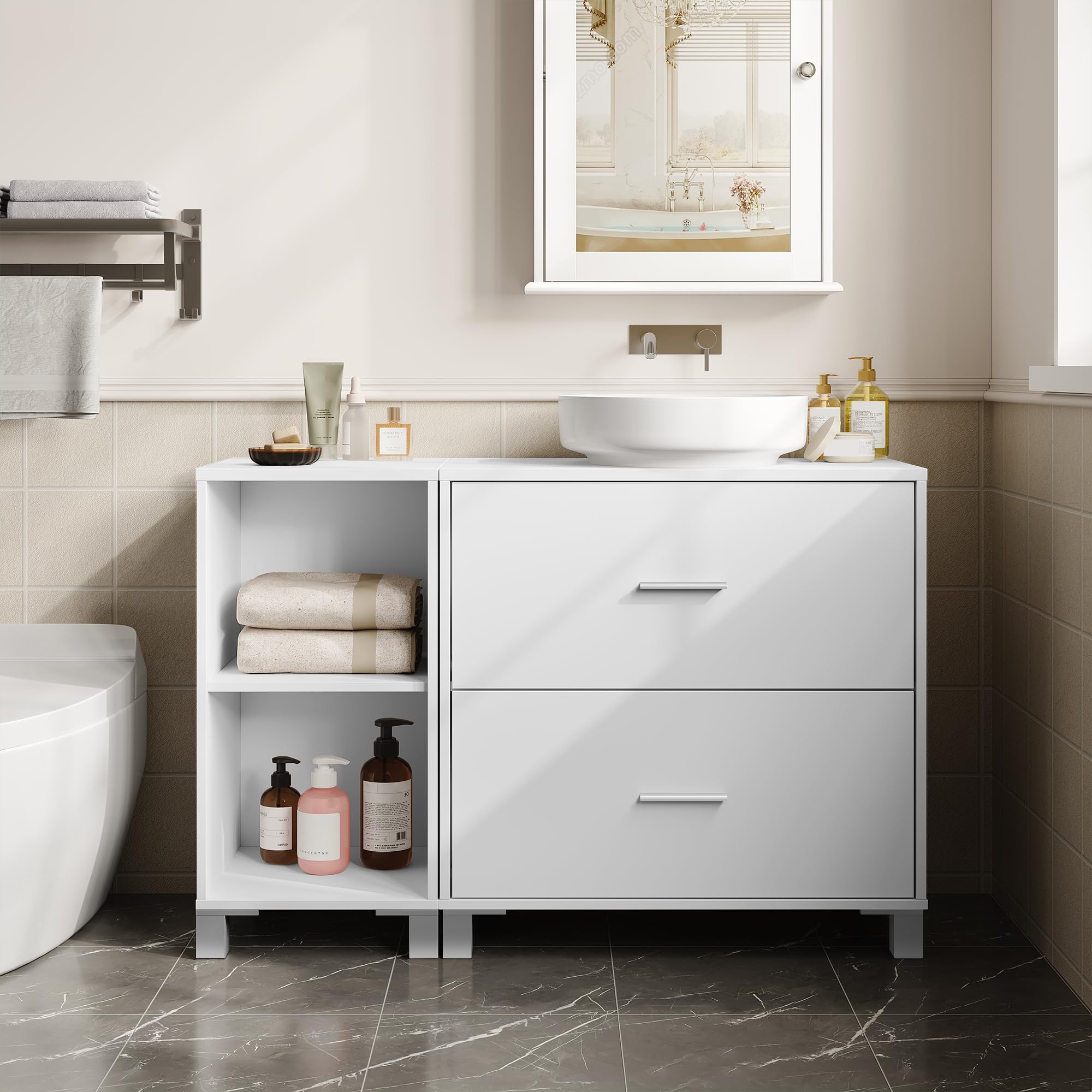 eSituro Armario de Baño de Pie, Mueble Bajo Lavabo con Cajones, Mueble Auxiliar de Baño, Estante Ajustable, Recorte Sifón 14,5 * 20 cm, Blanco