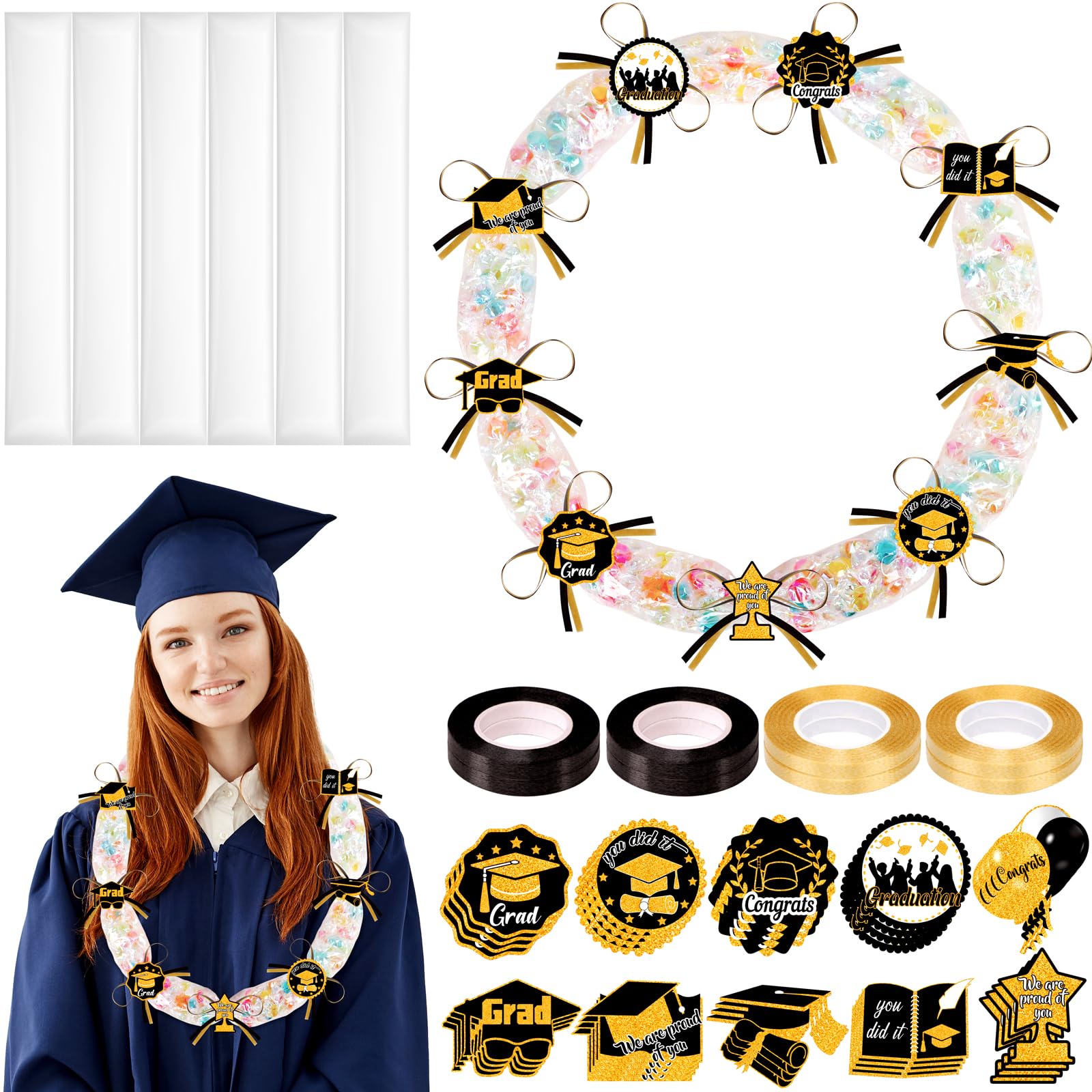 80UncleKimby 28PCS Black and Gold Graduation Decorations 2026 Candy Leis Making Kit - Hawaiian Congrats Grad Necklaces Party Supplies (Assembly Needed