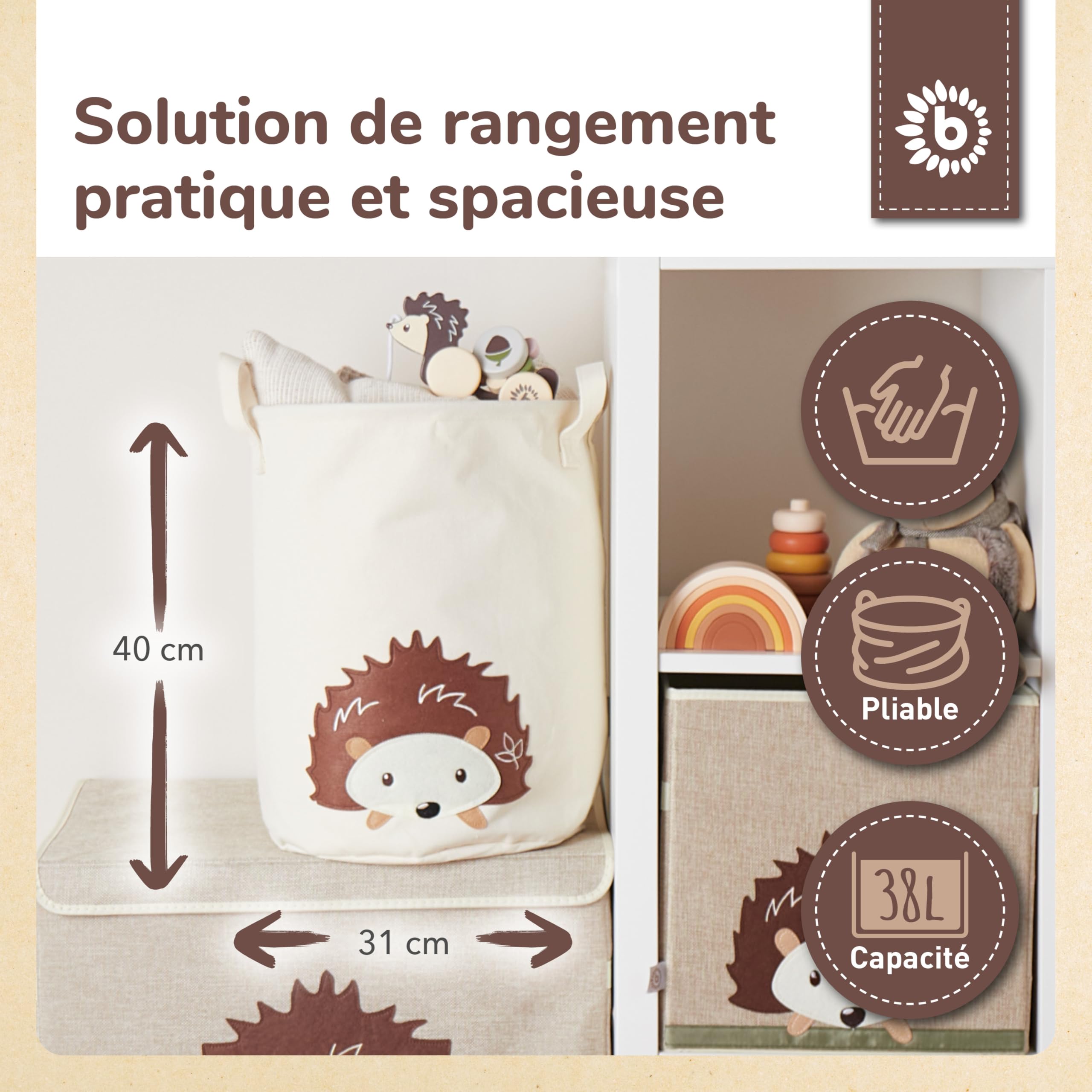 Bieco Panier à linge pour bébé hérisson | Grand panier de rangement pour enfants en coton et imperméable | Rangement pour chambre d'enfant | Panier de jouets pour filles