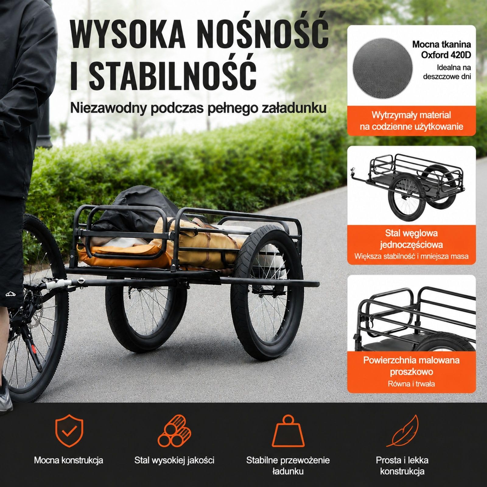 Przyczepka rowerowa 125 kg, składany wózek transportowy z szybkozamykaczem, uniwersalnym zaczepem i ramą ze stali węglowej