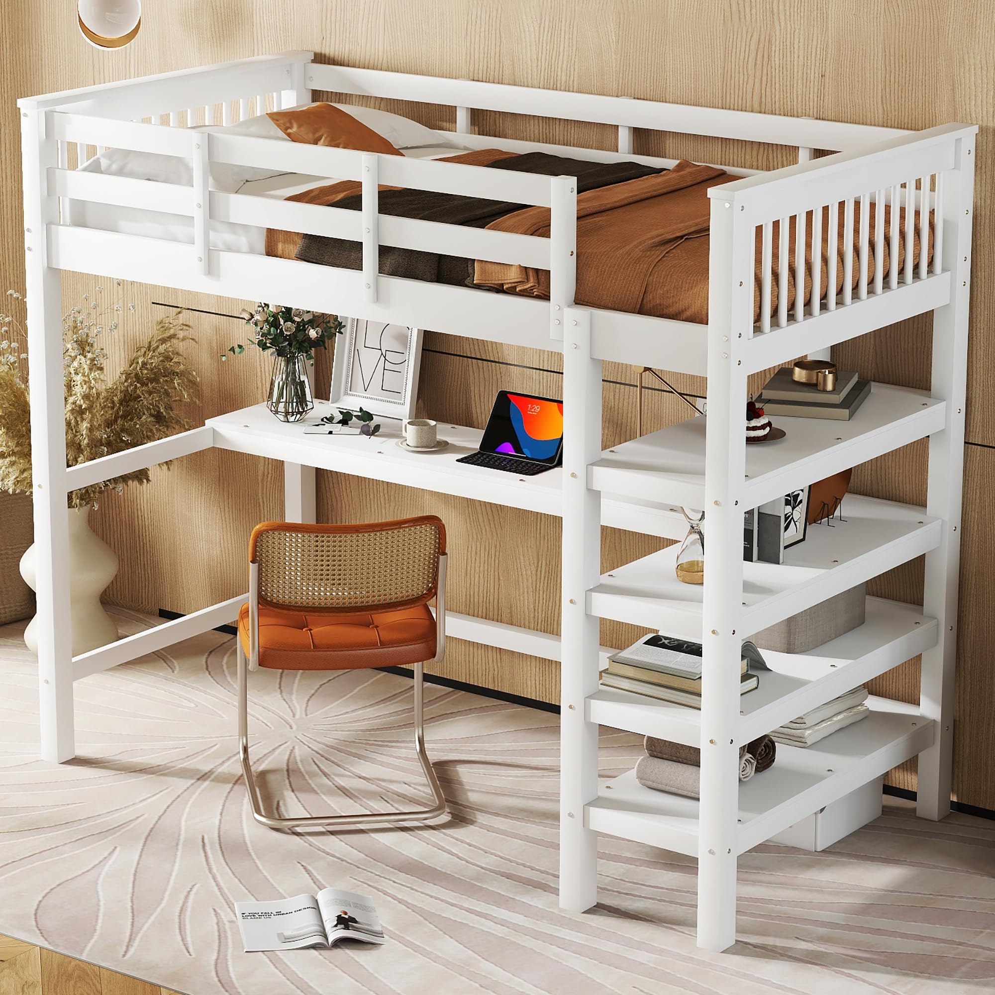 Letto a castello, letto a soppalco per bambini con rete a doghe in legno, con scale, ripiani e scrivania sotto il letto (bianco, 90 x 200 cm)