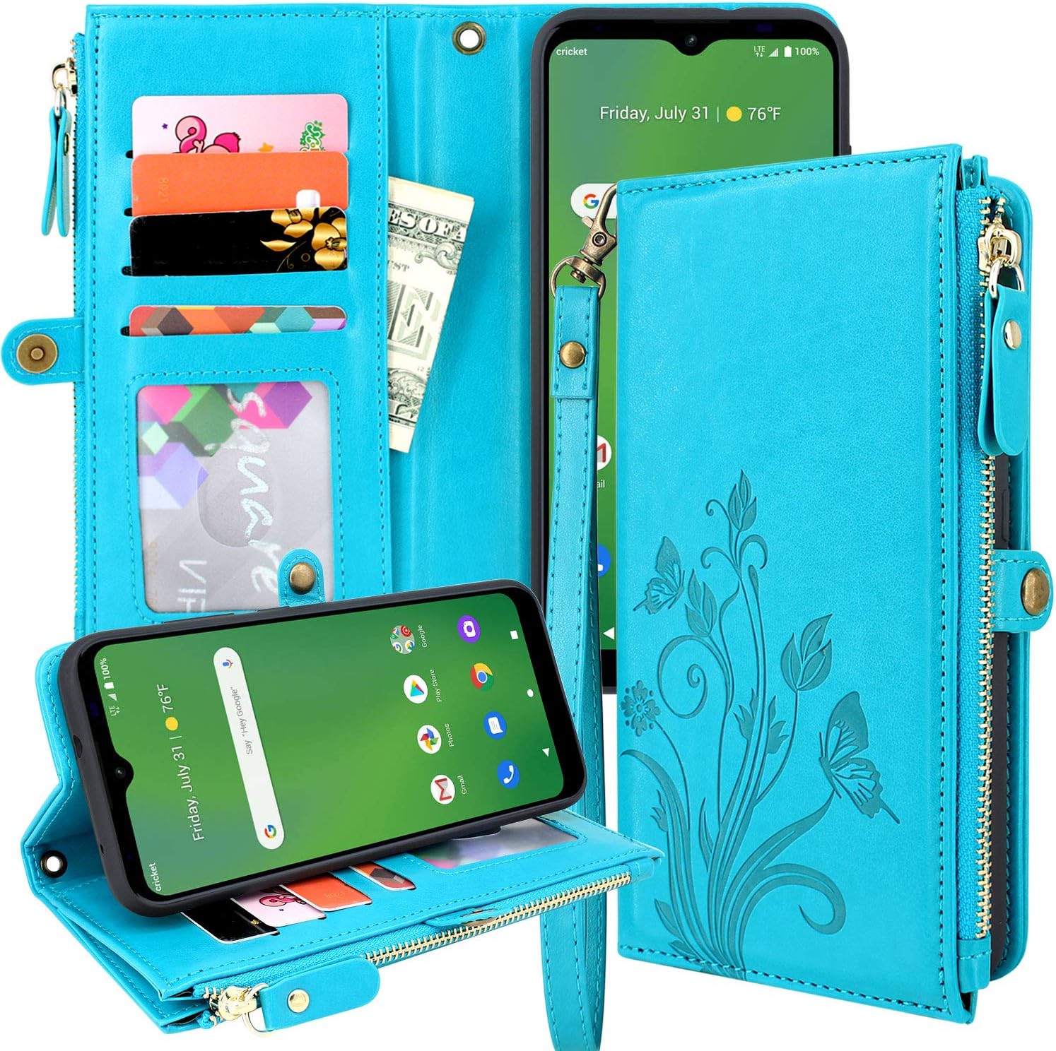 Lacass Premium Leather Flip Zipper Wallet Case Cover Stand Feature with Card Holder and Wrist Strap for LG Stylo 6 (Floral Blue)