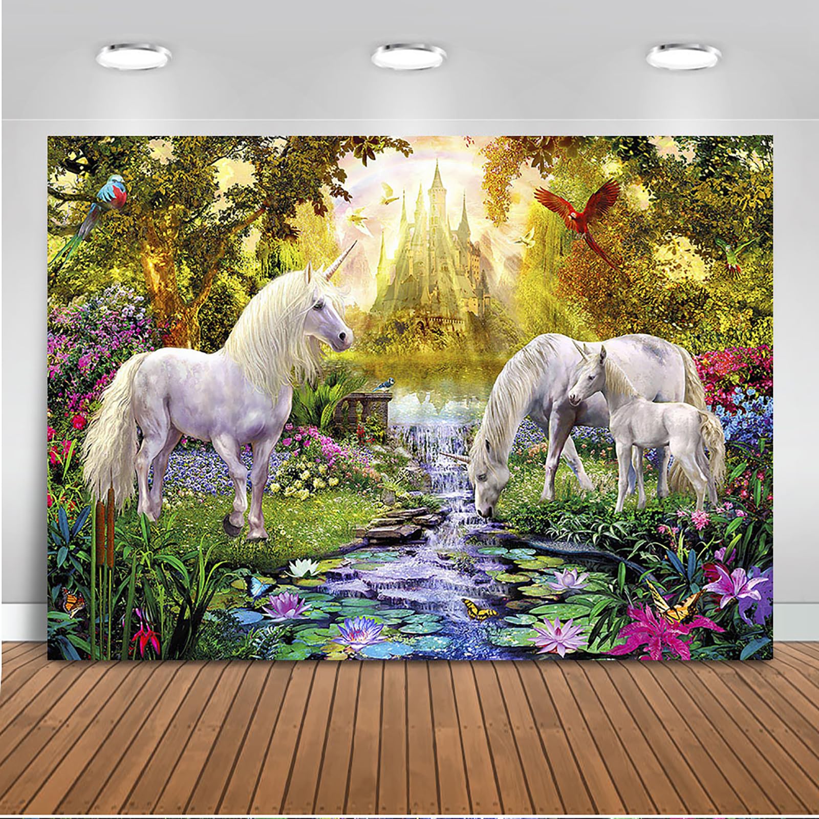 Mocsicka Enchanted Forest Backdrop Unicorn Castle Spring Wonderland Fairy Tale Background Enchanted Glitter Forest Photography Backdrop (8x6ft)