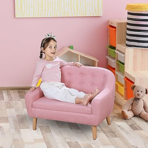 Miniatura 2 de Qaba Sofá para Niños de 2 Asientos, Sofá Sillón para Niños Pequeños, Tela Similar al Lino y Marco de Madera Silla Sofá para Edades 3-7, Asiento de