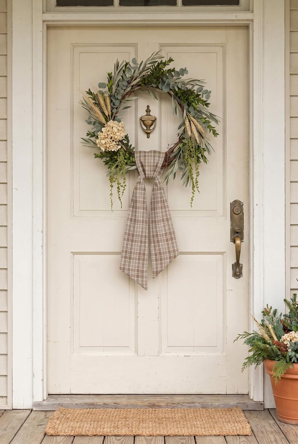 Brown and Cream Plaid Wreath Sash for Front Door, Textured 5 by 54 Inch Fall Thanksgiving Harvest Autumn Farmhouse Country Door Decorations
