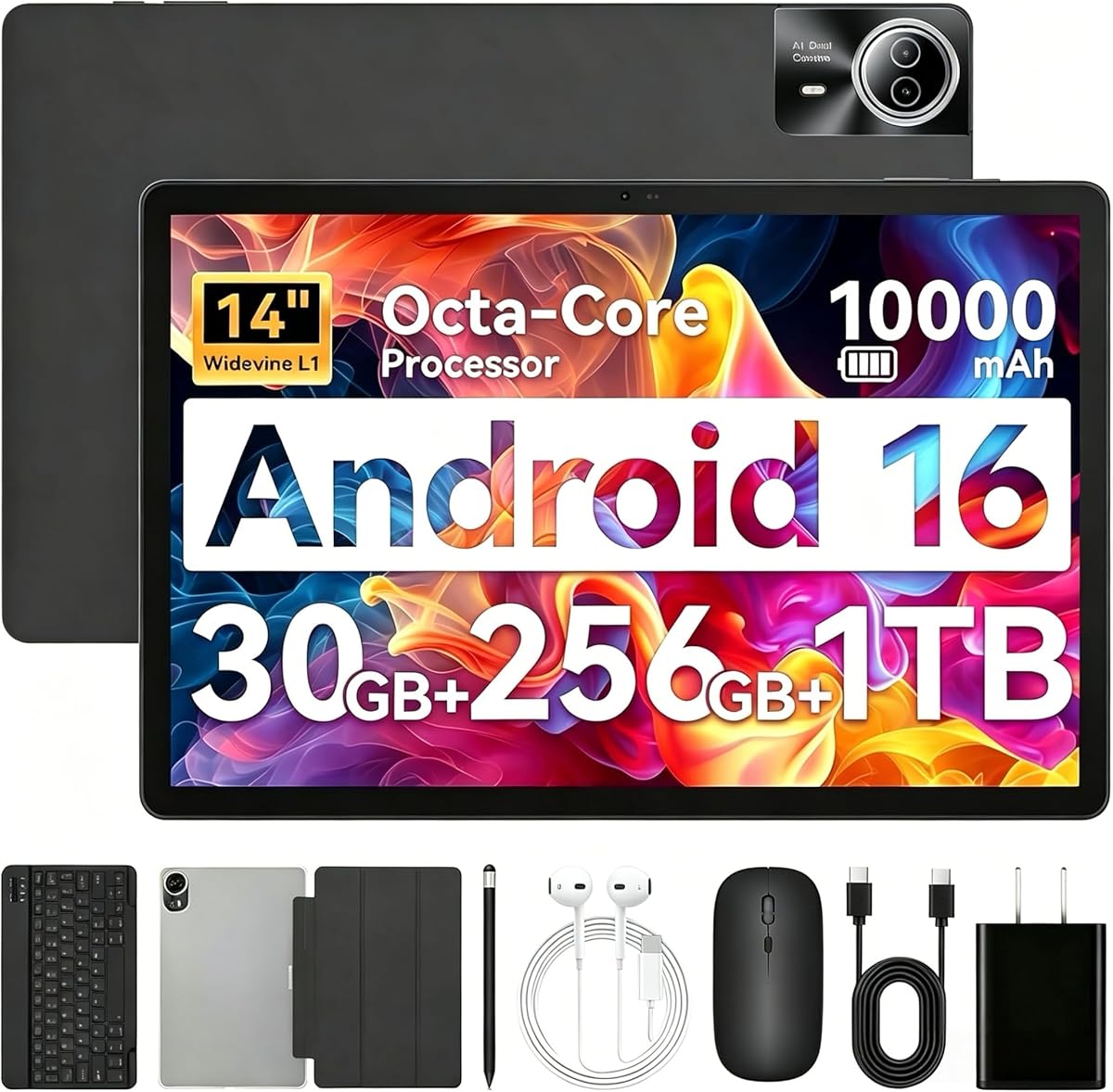 Urao Tablet｜14 inch Android 16 Tablet｜30GB RAM 256GB ROM ｜1920 * 1200 IPS FHD｜10000mAh 30W Fast Charging｜Octa-core Processor｜Wi-Fi 6, BT 5.4｜Dual Camera with Gemini AI｜Keyboard｜Stylus｜Case｜Headphone