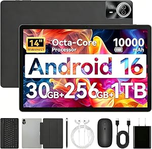 URAO Tablet｜14 inch Android 15 Tablet｜30GB RAM 256GB ROM｜1920 * 1200 IPS FHD｜10000mAh 30W Fast Charging｜Octa-core Processor｜Wi-Fi 6, BT 5.4｜Dual Camera with Keyboard｜Mouse｜Stylus｜Case｜Headphone