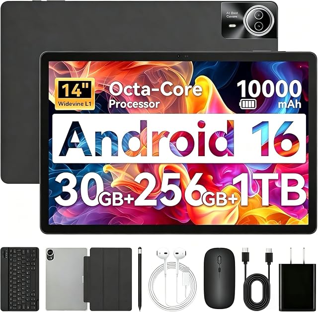 URAO Comprimé de 14 pouces Android 15 Comprimé : 30 Go RAM 256GB ROM.1920 * 1200 IPS FHD=10000mAh 30W Chargement rapide du processeur Octa-core 6, BT 5.4.Caméra double avec clavier.