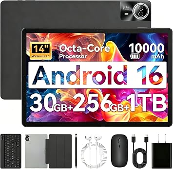 Urao Tablet|14 inch Android 16 Tablet|30GB RAM 256GB ROM |1920 * 1200 IPS FHD|10000mAh 30W Fast Charging|Octa-core Processor|Wi-Fi 6, BT 5.4|Dual Camera with Gemini AI|Keyboard|Stylus|Case|Headphone