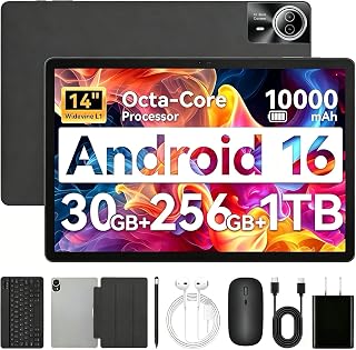 Urao Tablet|14 inch Android 16 Tablet|30GB RAM 256GB ROM |1920 * 1200 IPS FHD|10000mAh 30W Fast Charging|Octa-core Processor|Wi-Fi 6, BT 5.4|Dual Camera with Gemini AI|Keyboard|Stylus|Case|Headphone - Amazon product rated Grade A