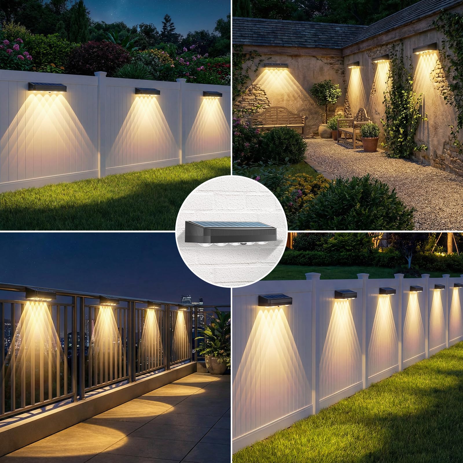 Luci solari a LED da parete, adatte per uso esterno, impermeabili, con 3 modalità di illuminazione e più livelli di intensità per recinzioni, scale esterne, gradini e portici (4 pezzi).