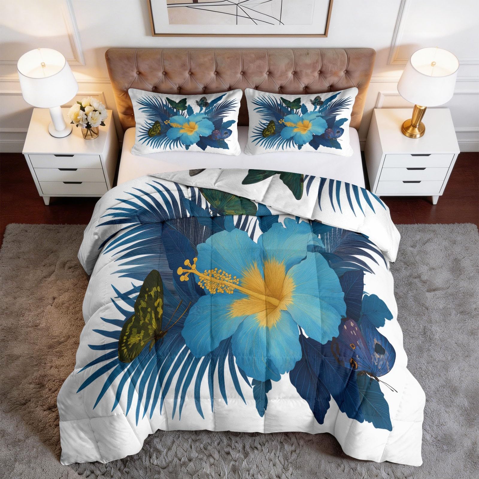 Hibiskus Palmblätter Schmetterling Bettdecke 135 x 200 cm 4 Jahreszeiten Steppdecke, Tropische Pflanzen Waschbare Ganzjahresdecke Frauen Bettwaren Set Ferienhaus Hauptschlafzimmer Bettdecke Ohne Bezug