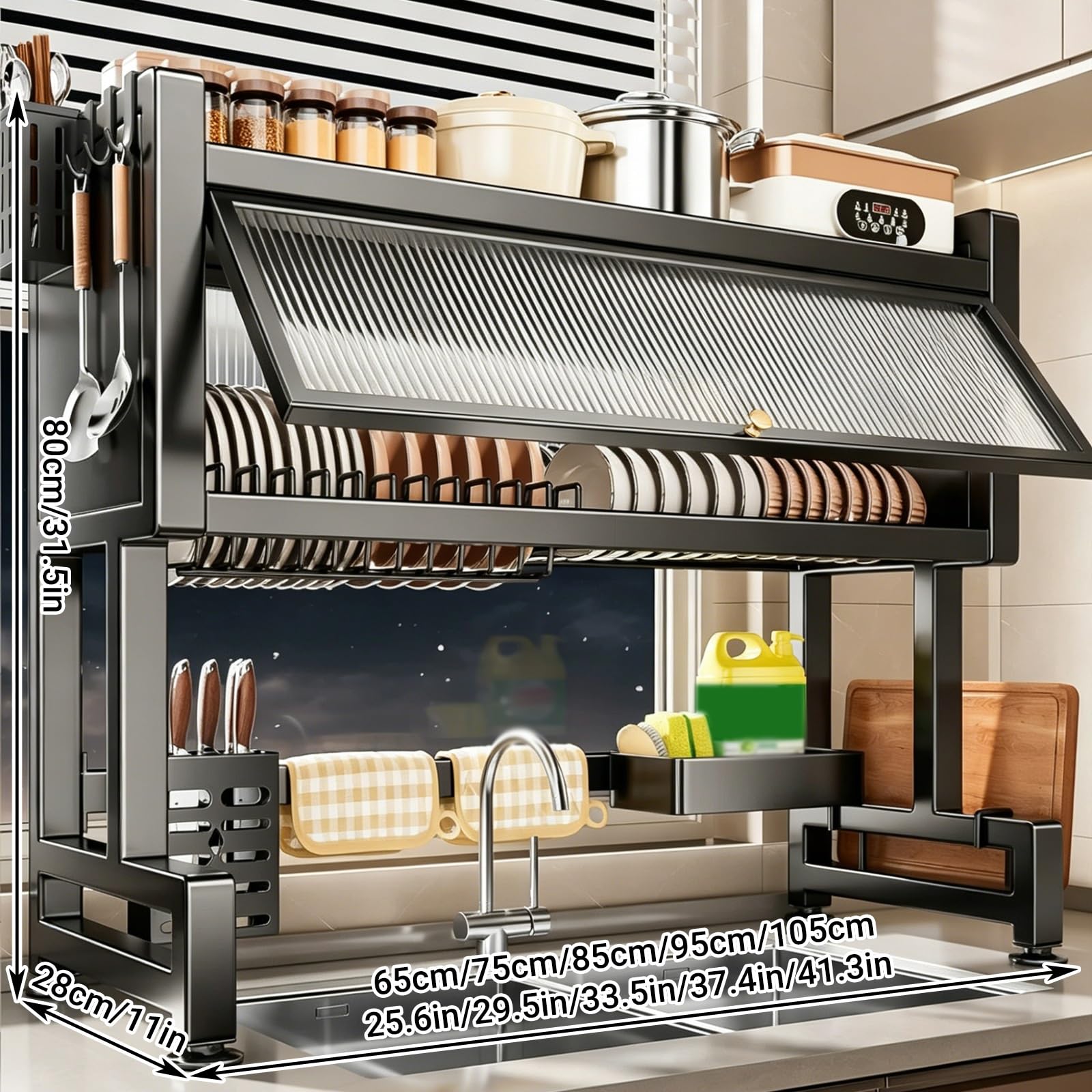 Escurridor de Platos para Colocar sobre el Fregadero, Organizador de Cocina de Acero al Carbono de 2 Niveles con Altura Ajustable, Ideal para Platos, ollas, Especias y Productos de Limpieza