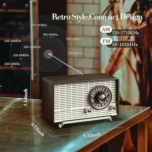 Miniatura 4 de YOWGUIF - Radio AM FM clásica retro de madera para mesa, altavoces Bluetooth, radios enchufables de pared con perilla giratoria, ideal para el hogar
