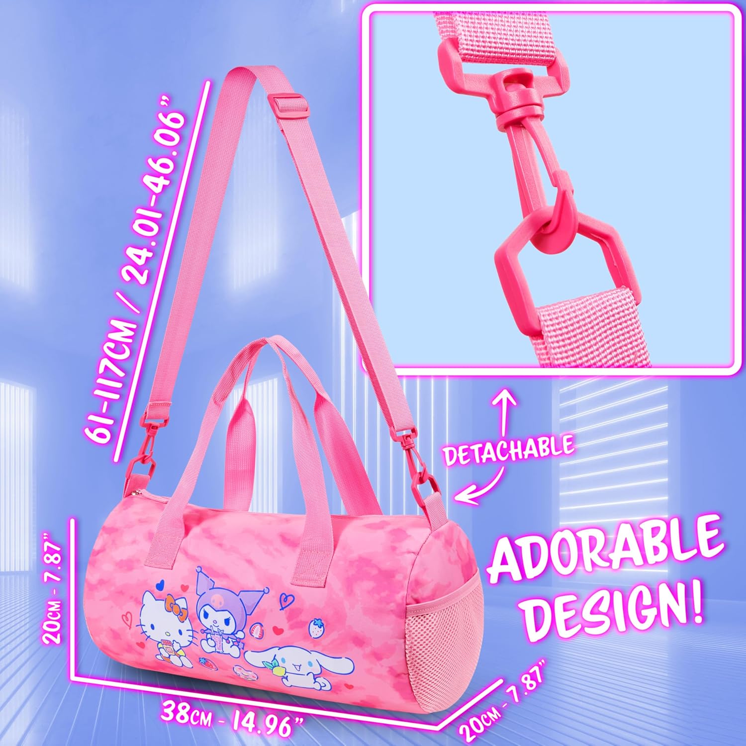 Hello Kitty Sports Duffel Bag - Pink, Cartoon Pattern - 14.9x7.8x7.8 inches - Adjustable Shoulder Strap - Zipper Closure - Carrying Handles - Perfect for Girls, Teens, or Women - Image 6
