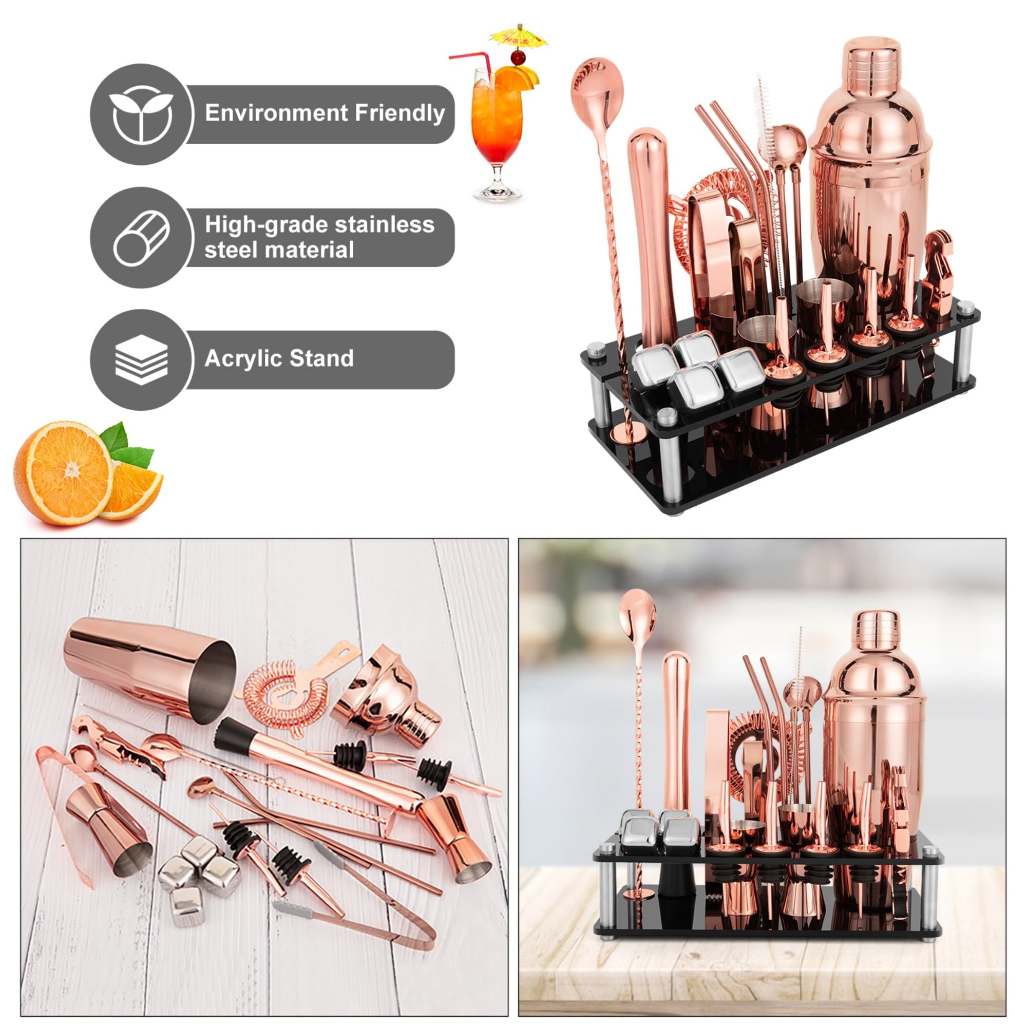 KinGrow Juego de coctelera de 23 Piezas con Soporte acrílico y folleto de Recetas de cócteles, Herramientas Profesionales de Bar para Mezclar Bebidas, hogar, Bar, Fiesta (Incluye 4 Piedras de Whisky)