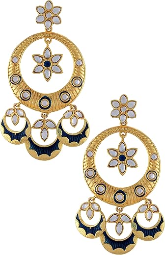 Tribe Amrapali Gold Plated Blue Enamel Moon Drop Flower Earrings (BM(EER)17-07)