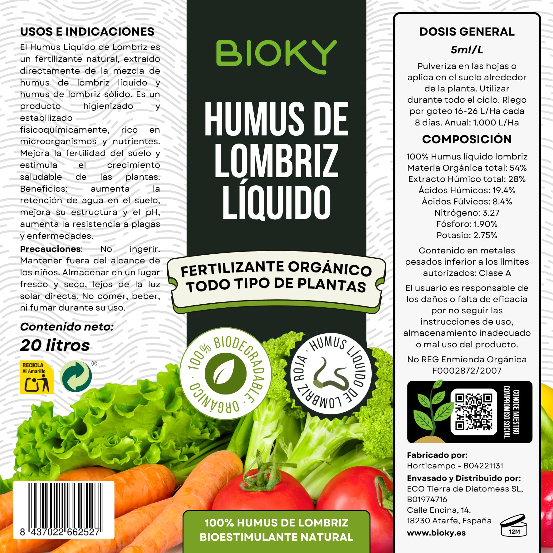 Flüssigkeits-Humus – Bio-Substrat & natürlicher Bodenreparatur, erhöht die Qualität – Hoher Mikrobianischer Gehalt und Hommisäure – Produktivere Ernte (20 l)