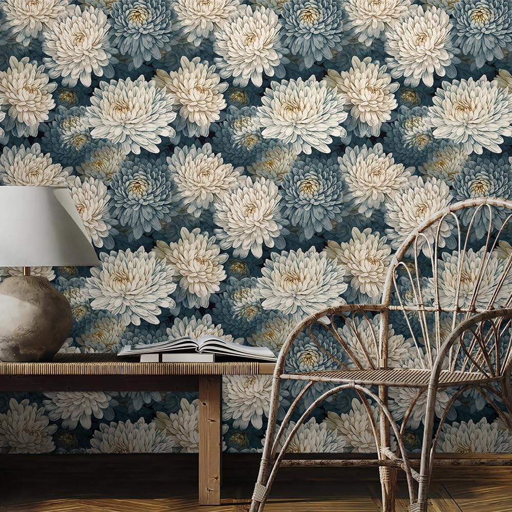 REDAMANCY White Blue Green Chrysanthemum Floral Navy Plants Peel and Stick Wallpaper Stick on Contact Paper Vintage Wall Paper Easy Peel Off for nightstand Drawer Cabinet Renter - Image 3