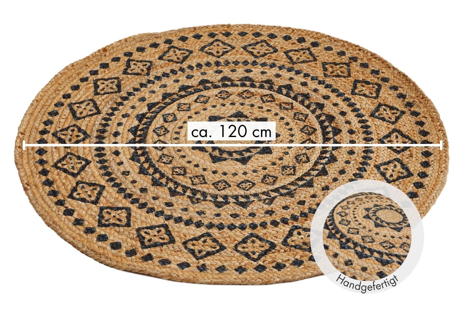 -LUXOR- living Tapis Mamda - Tapis Rond en Jute - Convient également comme Tapis de Chambre à Coucher - Tapis bohème Durable Beige - Tapis de Salon - Produit Naturel 120 cm - Rond - Ornement