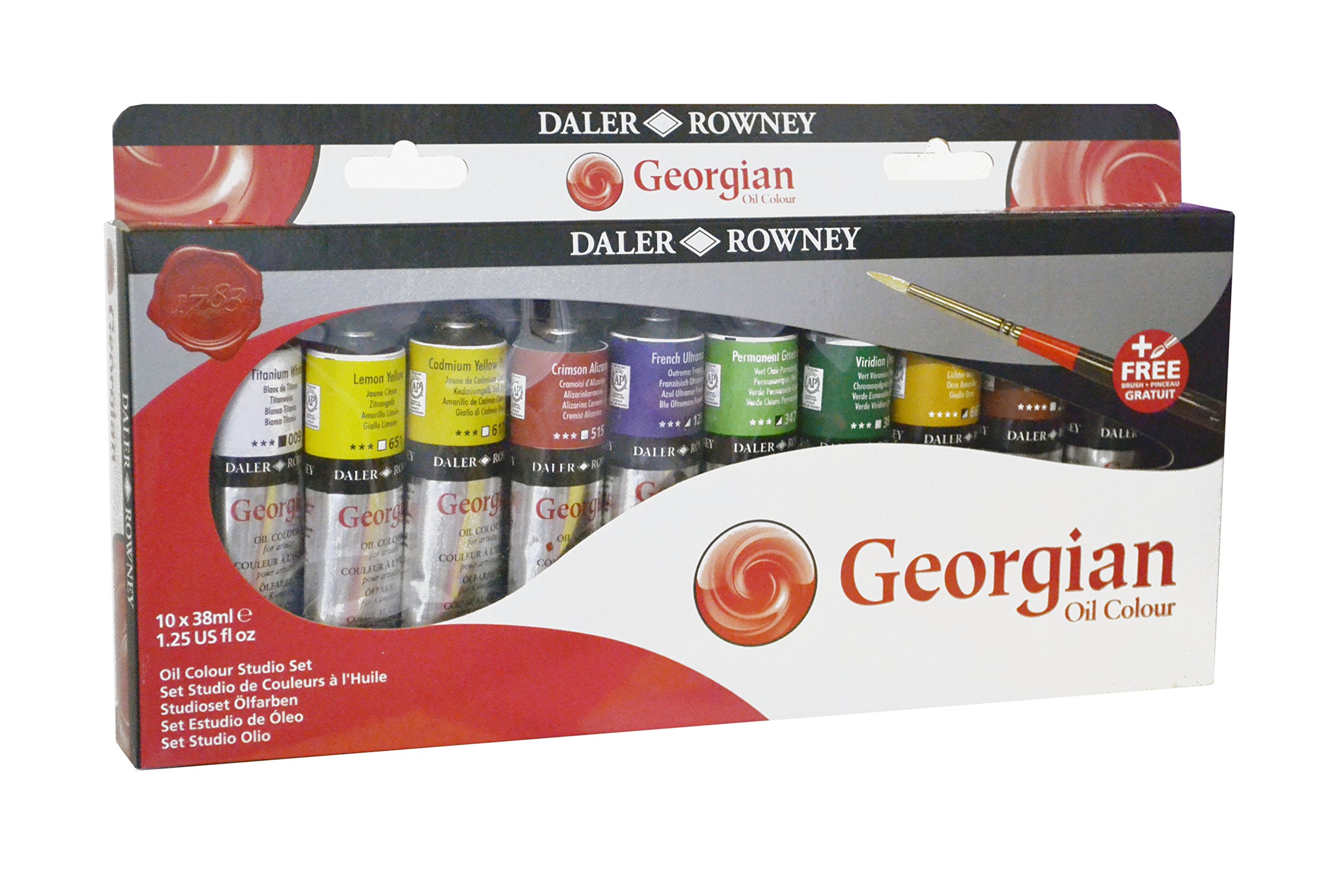 Daler-Rowney Georgian Ölfarbe, Aluminiumtube, 36.3 g - 38 ml, Studio-Set, 10 verschiedene Farben + 1 georgischer Ölpinsel