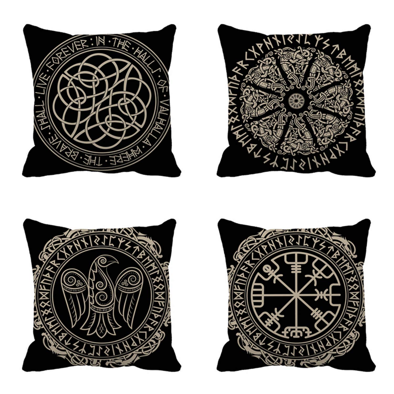 rouihot Set of 4 Throw Pillow Covers Nordic Ancient Scandinavian Shield Viking Magical and Runes White Black Emblem 18x18 Inch Home Decor Pillowcases Square Pillow Cases Cushion Covers for Sofa