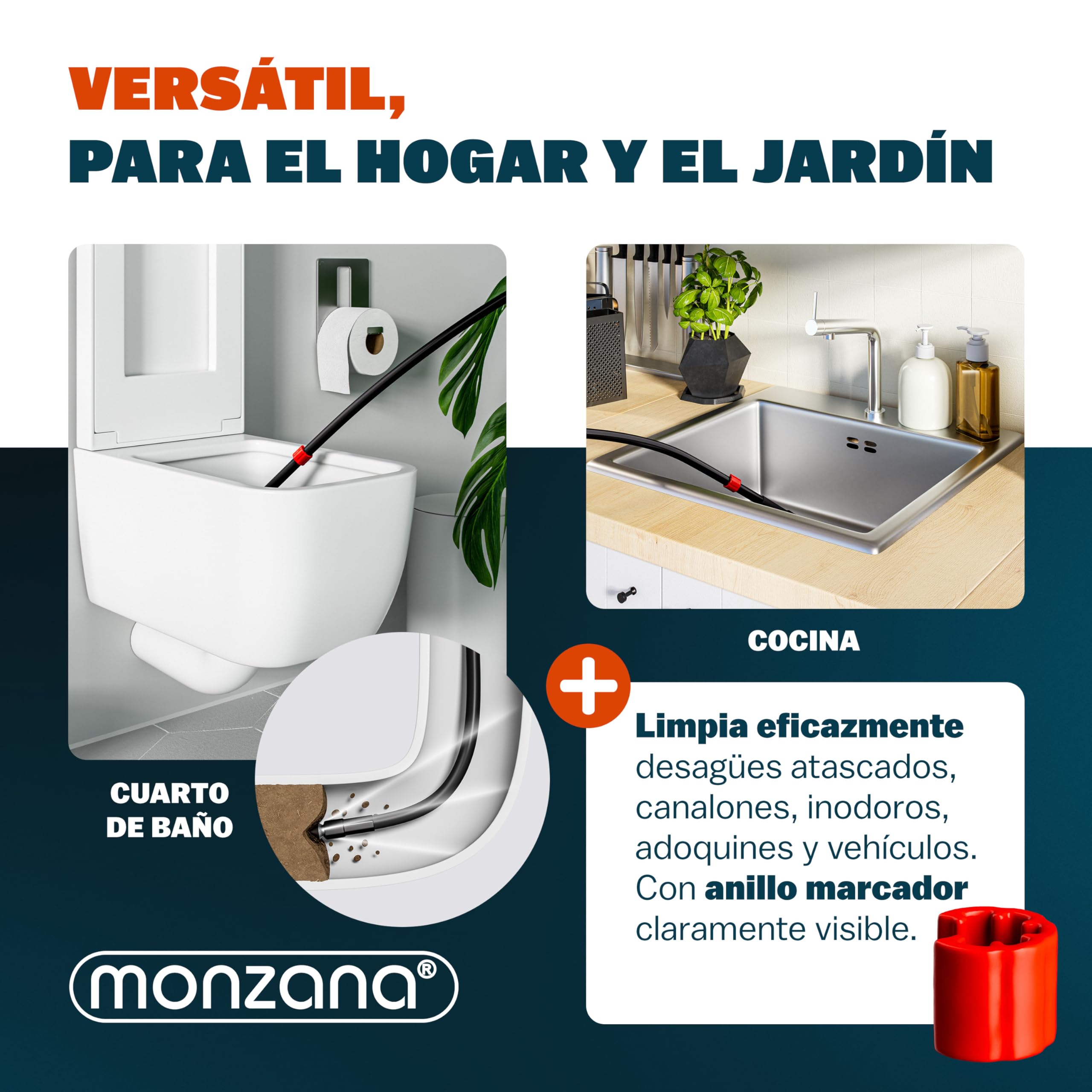 DEUBA® Desatascador Tuberias a Presion 15m, Compatible Karcher K2-K7 Bosch, Kit Manguera Limpieza, 160Bar, 4 Adaptadores, Desague Fregadero Herramientas Fontaneria, Limpiadoras a Presión