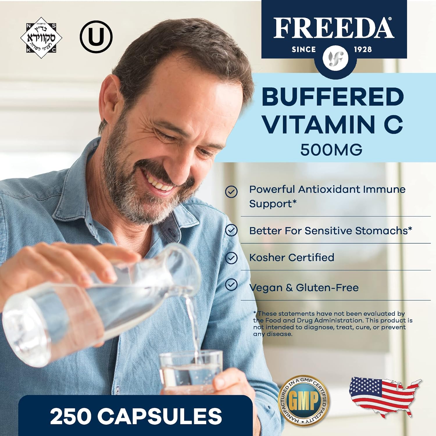 FREEDA Vitamin C - Buffered Vitamin C 500mg - Kosher - Powerful Antioxidant Immune Support - Sensitive Stomach Vitamins C Capsules Calcium Ascorbate - Vitamin C 500 mg - VIT C Supplement (250 Count) - Image 2