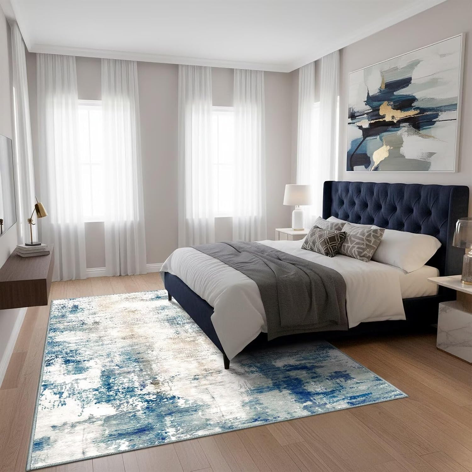 5x7 Area Rugs,Abstract Area Rugs, Modern Washable Non-Slip Rug for Living Room, Bedroom, Dining Room, Soft Low Pile Carpet, Neutral Decor for Home and Office,Teal Blue