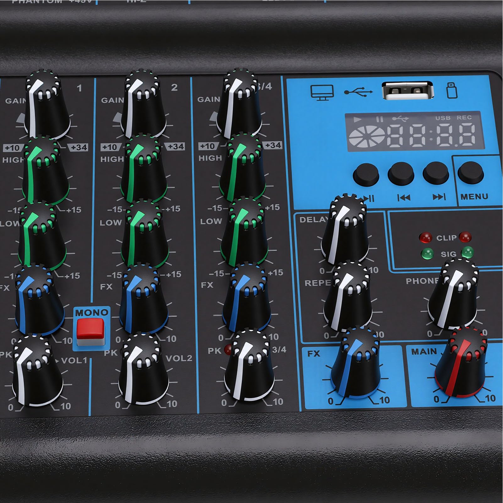 Mixer a 4, Mixer Professionale con Doppio Microfono Wireless UHF, MP3 Bluetooth Integrato, Alimentazione 48 V, Porta USB Mixing DJ RGB per Feste Karaoke a Casa