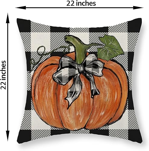 Miniatura 120 de Juego de 2 fundas de almohada de otoño de 18 x 18 pulgadas, hojas de arce de calabaza y búfalo a cuadros, decoración de otoño, de lino, Acción