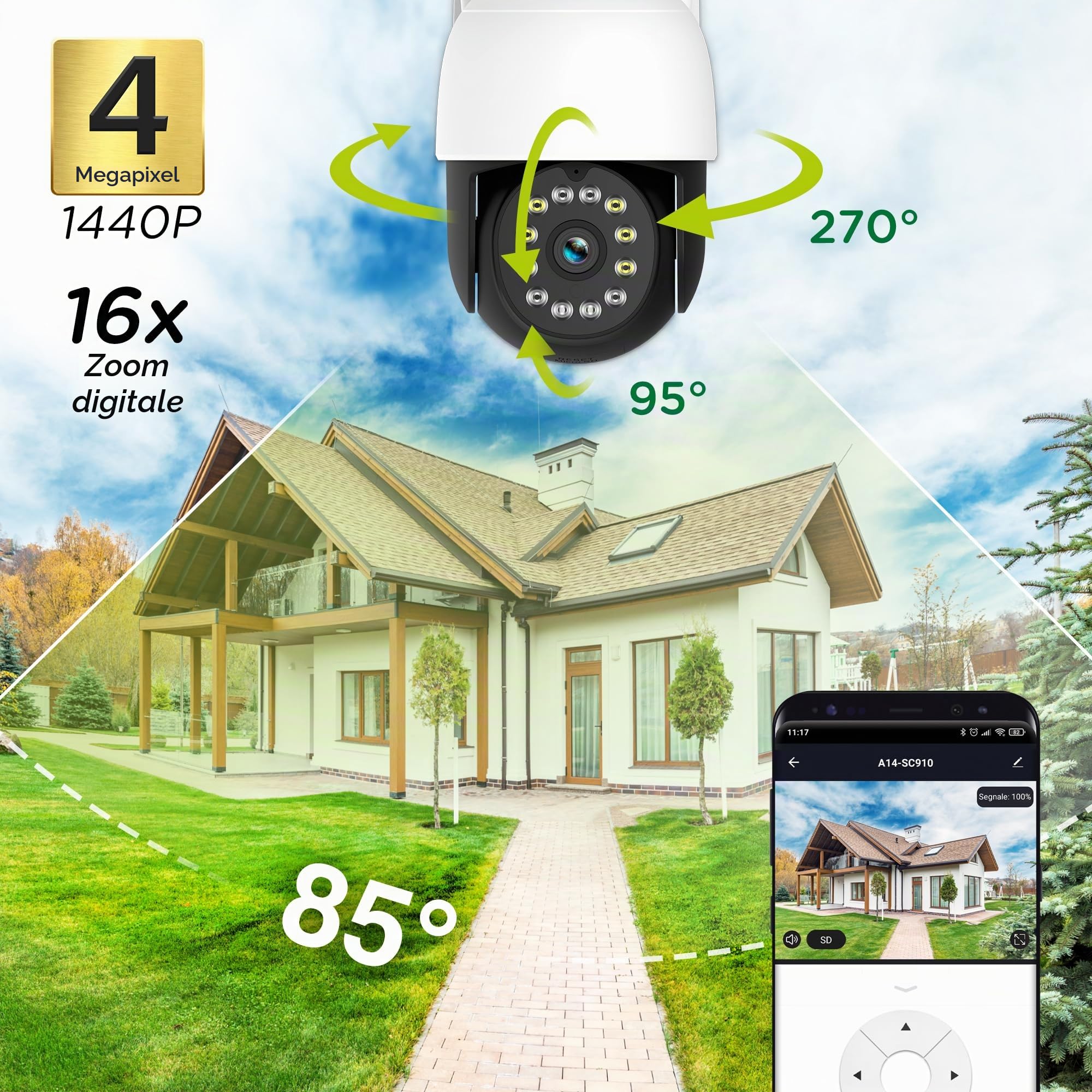 Atlantis Telecamera Wi-Fi esterna outdoor motorizzata 2K 4MP, IP64 | Fino a 2560x1440/25fps, 6 IR + 6 LED bianchi 12 m, microfono, app gratuita, cod. A14-SC970-PT
