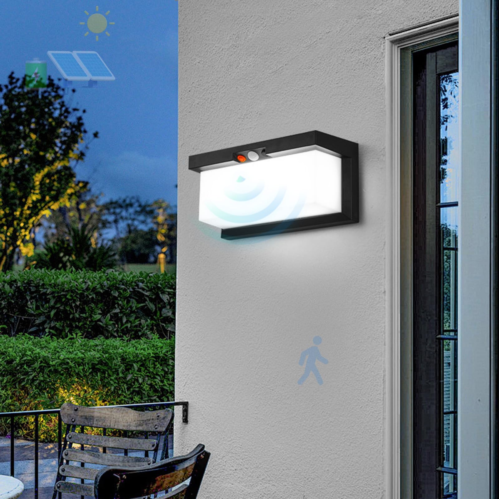 LED Exterior Inalámbricas Apliques de Pared Solares Recargable Lámpara de Pared Impermeable IP65 Iluminación de Pared Moderna con Sensor de Movimiento para Porche Camino Garaje (Negro,Luz Blanca)