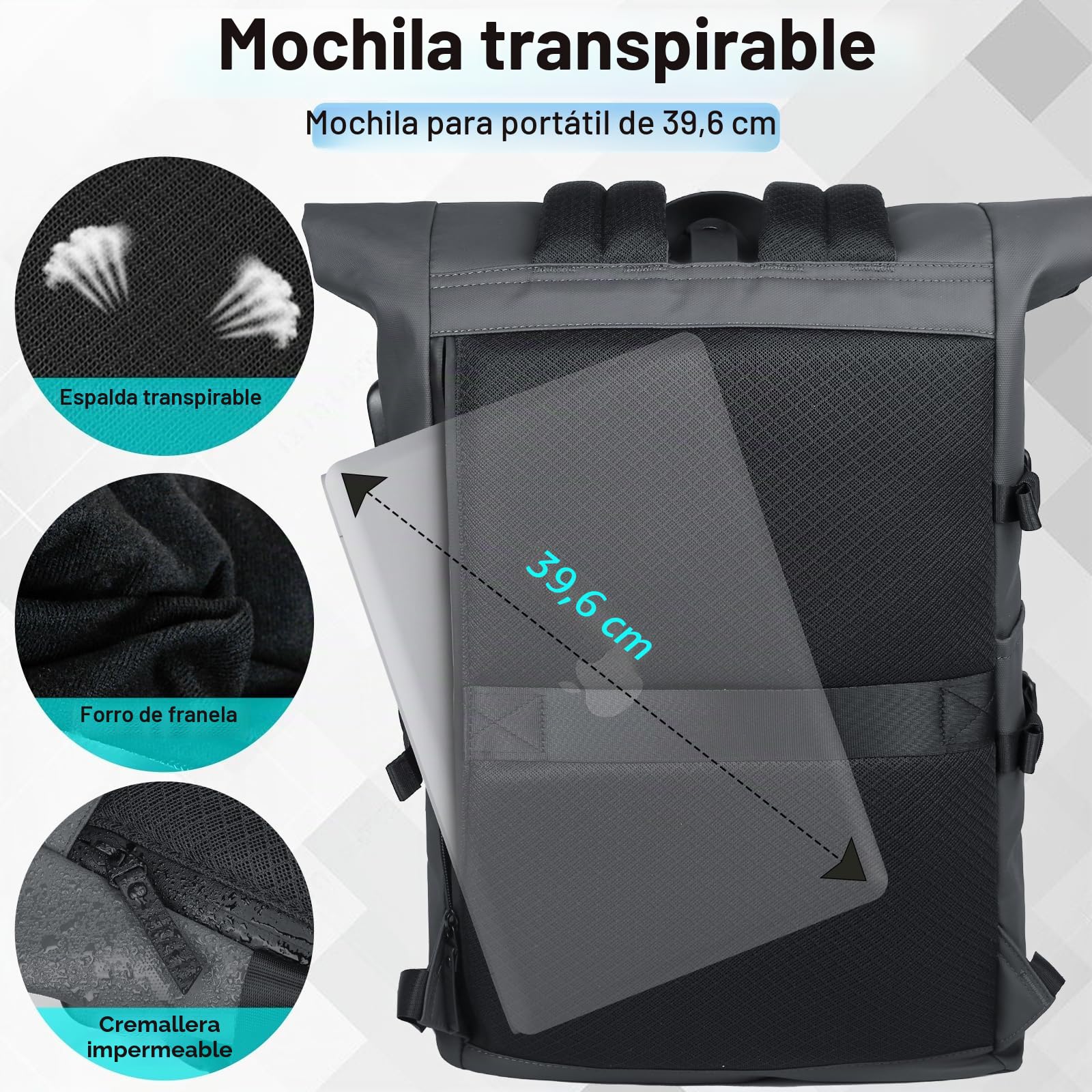 hk Mochila Enrollable Mochilas Roll Top Hombre y Mujer Impermeable | con puerto USB para Portátil 15.6 Pulgadas Antirrobo Grande 23L para Viaje Camping Ciclismo Escuela y Deporte
