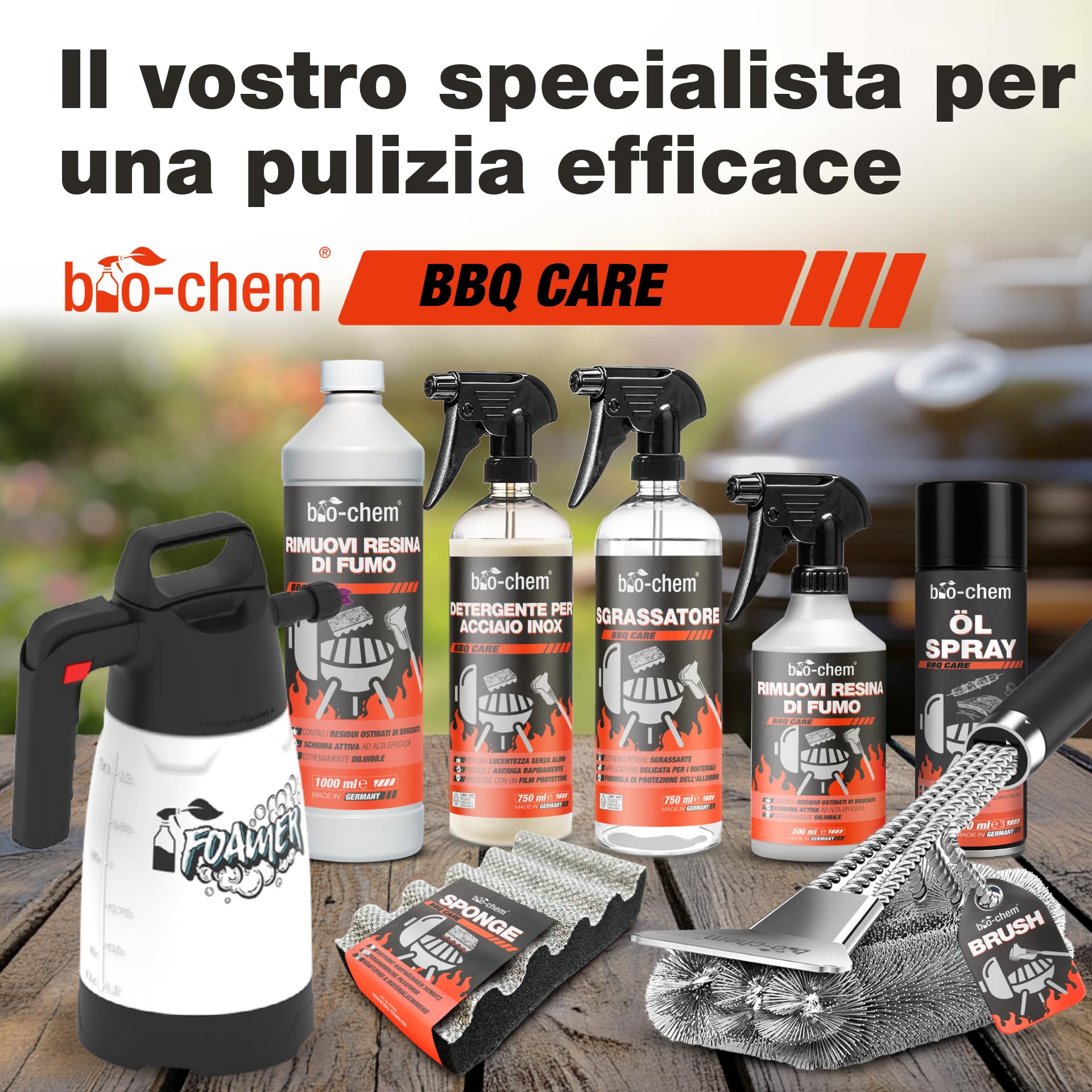 bio-chem - Detergente per Barbecue 750ml + Spazzola, Panno e Spugna - Spray per BBQ Pronto all'Uso, Ideale per L'Estate - Pulitore sgrassante per Griglie di Barbecue