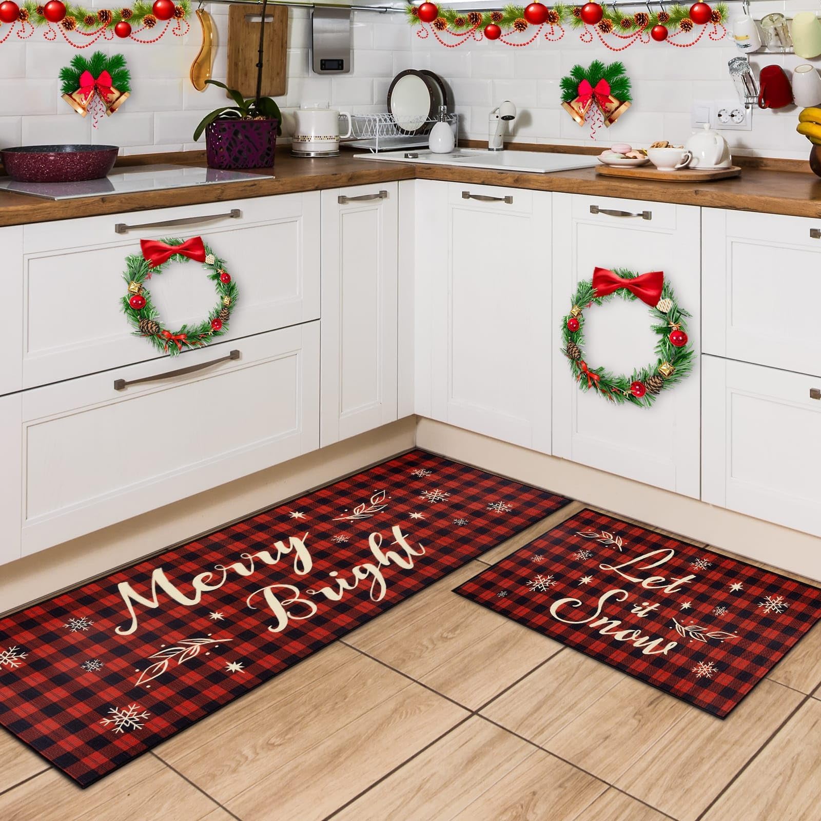 Christmas Kitchen Mat - 2 Piece Kitchen Mats Set Red Buffalo Plaid Indoor Floor Mats Non-Slip Kitchen Backing Area Rugs Xmas Door Carpet for Kitchen Home Christmas Decor (17’’ x 47’’+17’’ x 30’’)