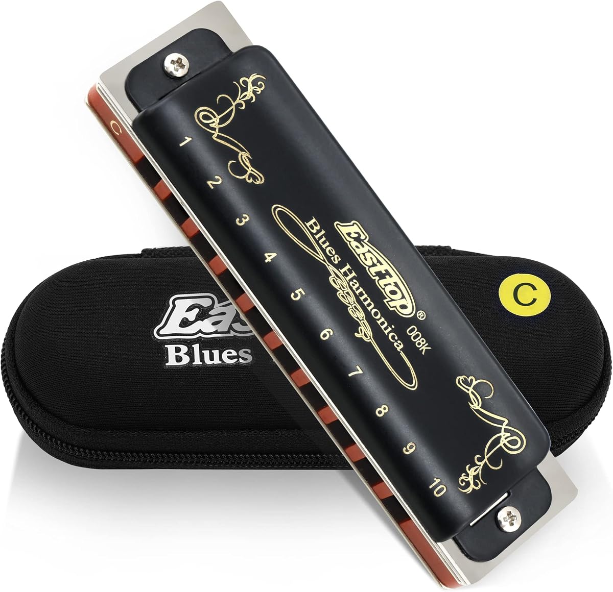 East top Harmonica Key of C 10 Holes 20 Tones 008K Mouth Organ with Black Cover, Top Grade Harmonica for Adults, Professionals and All Level Students as Gift